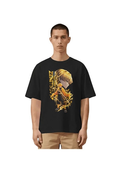 Unisex Oversize Zenitsu Agatsuma Demon Slayer Anime Karakter Ön B Siyah