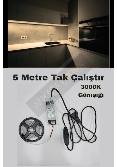 Mutfak Dolabı Gün Işığı Şerit Led 12V Adaptör Aç Kapa 5 M