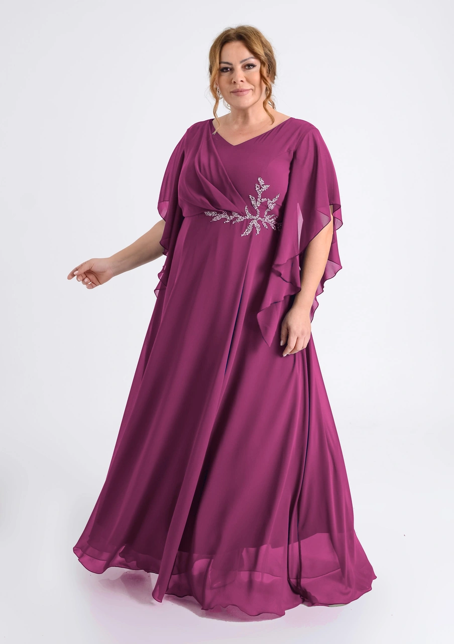 Lilas Xxl Büyük Beden Fuşya Renkli Yırtmaçlı Uzun Şifon Abiye Elbise Fuşya