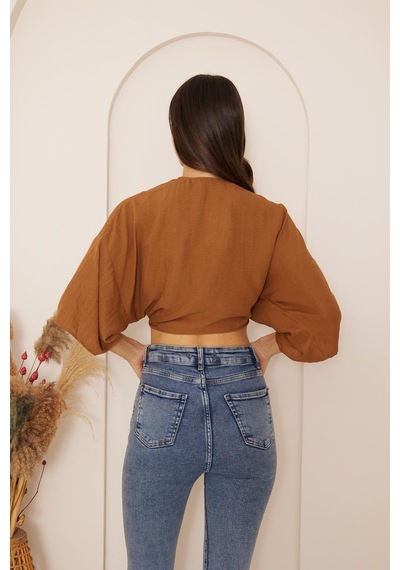Darlin Moda Kahverengi Önden Bağlamalı Crop Kimono Dm7004 Kahverengi