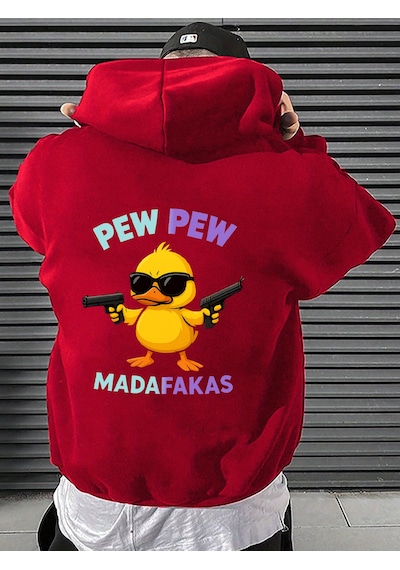 Uyguntarz Unisex Pew Pew Karikatur Baskılı Tasarım Oversize Sweatshirt Kırmızı