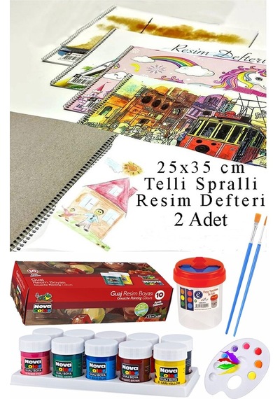 10 Renk Guaj Boya Nova Color 25x35 Cm Telli Spralli Resim Defteri Palet Resim Fırçası 15 Yaprak Guajboya Resim Defteri Çok Renkli