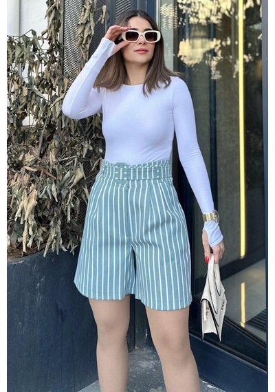 WeShaya Kadın Mint Kemerli, Yüksek Bel, Pliseli, Rahat Kesim, Gabardin Şort Mint