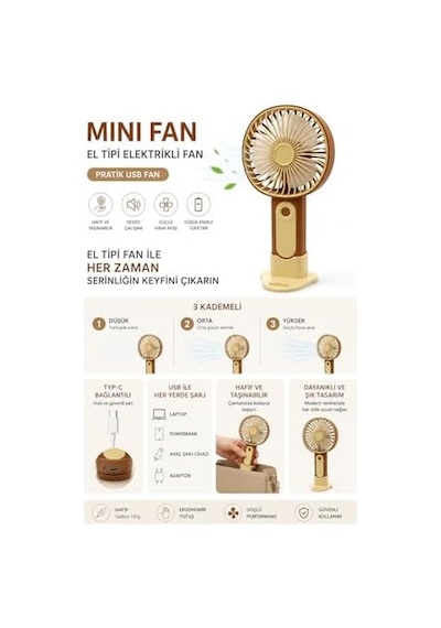 Mini El Fanı Usb Şarjlı Type-c Bağlantılı 3 Kademeli Taşınabilir Elektrikli Fan Masaüstü Ve El Tipi Kullanım Kahverengi Renk Serinletici Fan