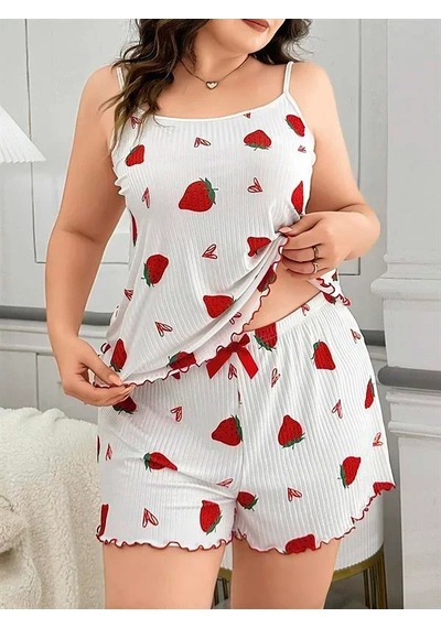 Veraura Lifestyle Büyük Beden Çilek Desen Pamuklu Şortlu Pijama Takımı Beyaz