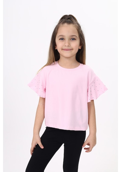 Toontoy Kids Kız Çocuk Baskılı Bisiklet Yaka Kolu Volanlı Tişört Açık Pembe