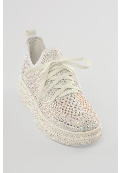 Mubiano Kadın Sneaker Taş Detaylı Kalın Tabanlı Diamond Beyaz Beyaz