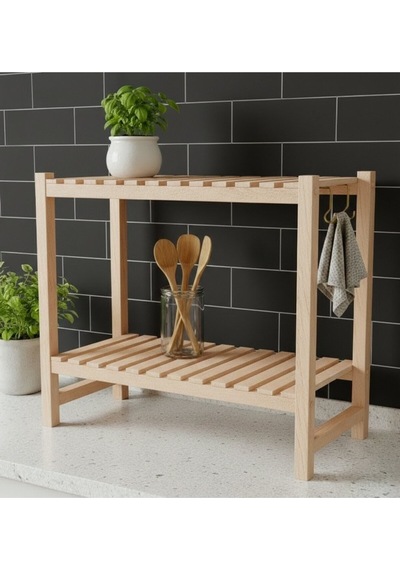 Mutfak Ahşap Tezgah Üstü Düzenleyici - 2 Katlı Baharatlık Rafı - Doğal Ahşap - 50x40 Cm Diğer