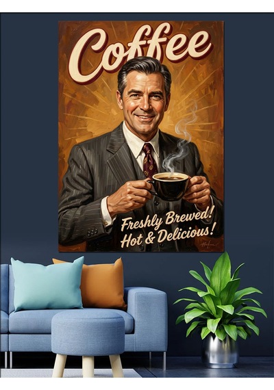 Kahve İçen Takım Elbiseli Adam Retro Poster Dekoratif Kanvas - Mdf Ahşap Tablo Çok Renkli
