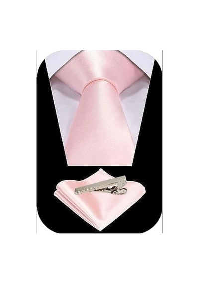 Tezzgelsin Erkek Saten Kravat Mendil Ve Silver Çelik Kravat İğne Set Pembe