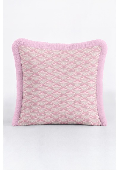 Art Deco Yelpaze Motifli Saçaklı Yastık Kılıfı - Zarif Geometrik Krem Pembe Püsküllü Kırlent Kılıfı Beyaz