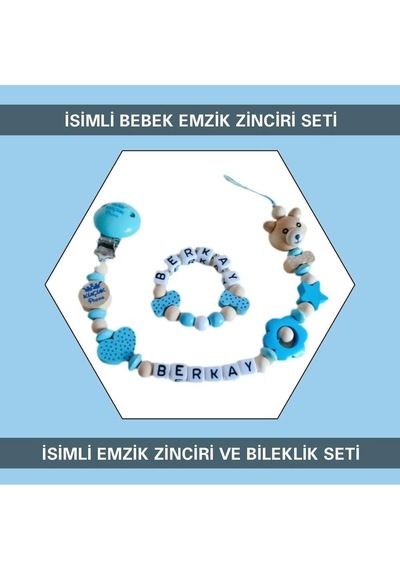 İsimli Bebek Emzik Zinciri Ve Bebek Bileklik Seti, Mavi Çok Renkli