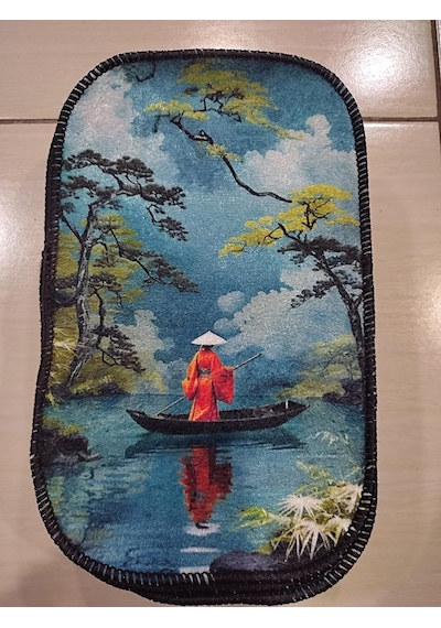 Özel Tasarım Dijital Baskılı Oto Kol Dayama Minderi, Nehir Ve Uzakdoğu Temalı, Kaymaz Tabanlı, 29x19 Cm