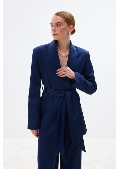 Sateen Kuşaklı Saten Ceket - Lacivert-137009 Lacivert