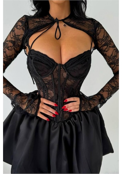 Wellway Beauty Tafta Ve Dantel Kumaş İçi Astarlı Bolero Ve Mini Balon Etek İkili Takım-6114 Siyah