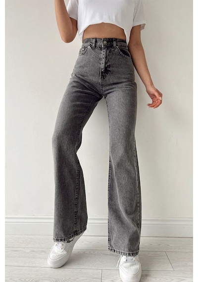 Lavajeans Jordan Füme Likralı Bol Paça Jean - Salaş Wide Leg Kot Pantolon Füme