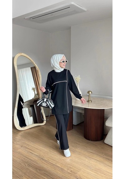 Mihran Butik Olivia Kadın Mevsimlik Penye Alt Üst Spor Ve Rahat Tesettür İkili Takım Siyah