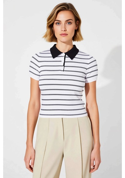 Benerly Kadın Bluz Polo Yaka Kısa Kol Triko İnce Fitilli Desenli Fitted K siyah