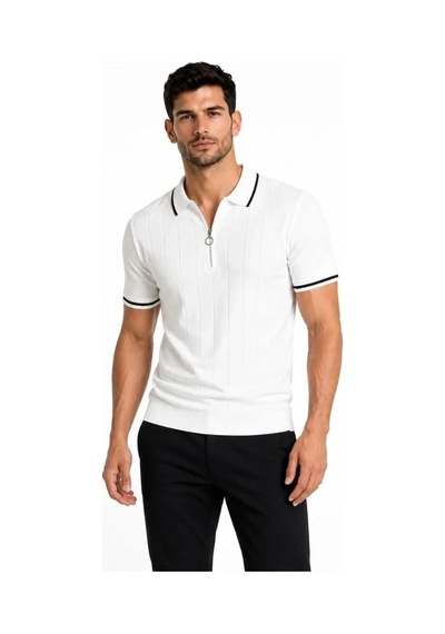 DefyModa Erkek Fitilli Triko T-shirt Polo Yaka Yarım Fermuarlı Kısa Kollu Tişört - Beyaz