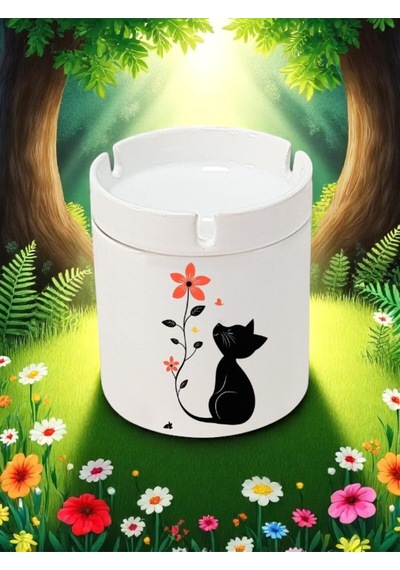 Kedi Ve Çiçek Baskılı 3'lü Seramik Küllük Kül Tablası - Küllük Modelleri, Küllükler, Kokusuz Küllük