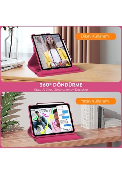 Apple Uyumlu İpad Yatay Ve Dikey Standlı 360 Derece Döner Tablet Kılıfı İpad Pro 4.nesil 11 Pembe