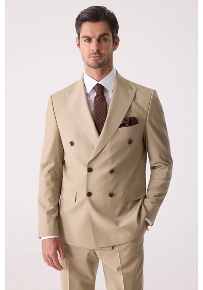 Erkek Bej Slim Fit Yün Kruvaze Takım Elbise