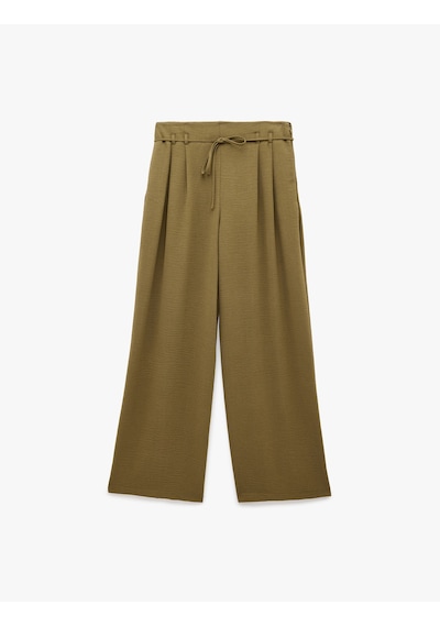 Koton Straight Fit Pileli Kemerli Geniş Paça Pantolon Haki 6sak40386pw