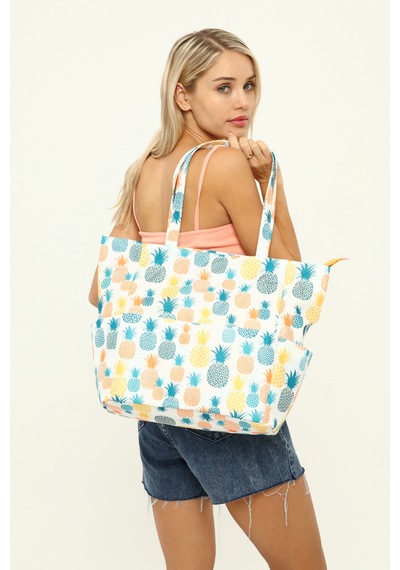 İcone Bag Kadın Çantası, Fonksiyonel Baskılı Plaj Çanta, Beach Bag, Karpuz Tropical Desenli Fermuarlı Çanta Yeşil - Sarı