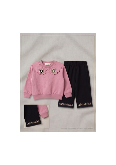 Deniva Kids Kız Çocuk Pembe Çiçek Nakışlı Yakalı Sweatshirt Ve Siyah Pantolon Takım