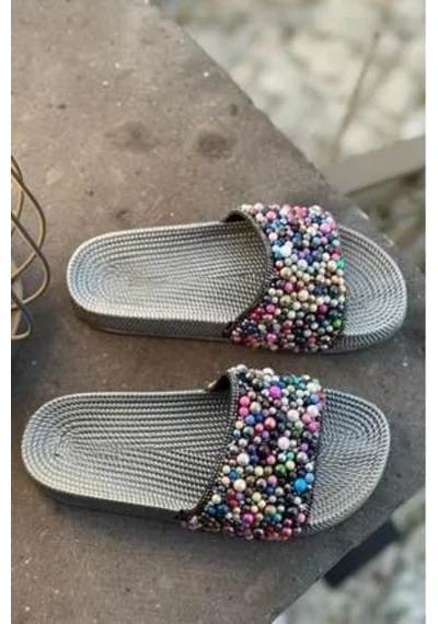 Kadın Renkli Boncuklu Yazlık Terlik Gümüş