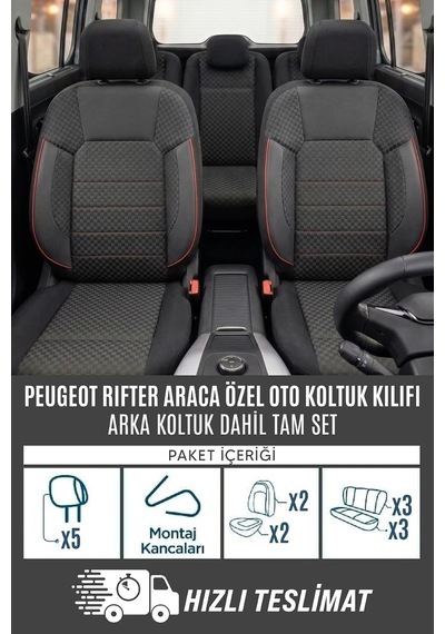Peugeot Rifter İle Uyumlu Pamuklu Kumaş Araca Özel Oto Koltuk Kılıfı Tam Set Siyah Kırmızı