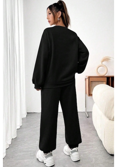 Uyguntarz Unisex Nope Baskılı Bisiklet Yaka Eşofman Takımı Siyah