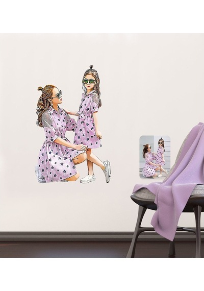 Kişiye Özel Tam Boy Anne Ve Kız Karikatürlü Duvar Sticker (50X70C