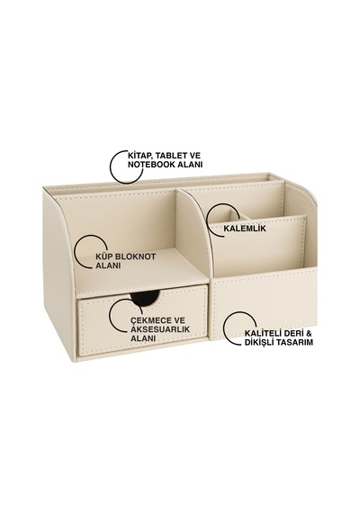 Masaüstü Düzenleyici,kalemlik,kumandalık,küpbloknotluk,tabletlik,kitaplık,6 Gözlü,çekmeceli,desktop Organizer,vegan,24,5 13 12 Bej