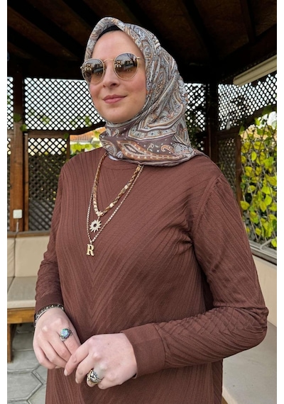 Rabia Şamlı Damla Triko Tunik Kahve Çok Renkli