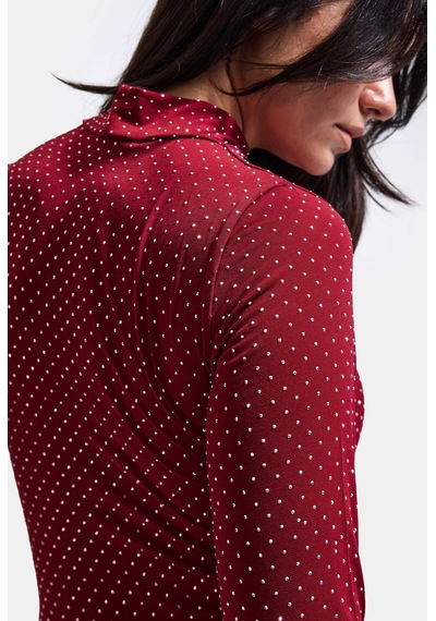 Kadın W6-35 Snap Body Suit Parlak Taşlı Tasarım Body Bordo