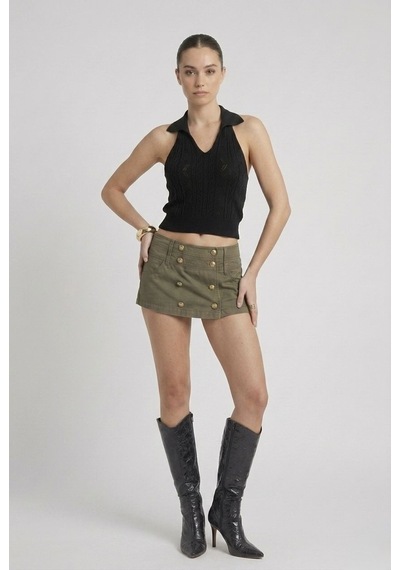 Neden Tekstil Kadın Polo Yaka Sırt Dekolteli Crop Bluz - Siyah