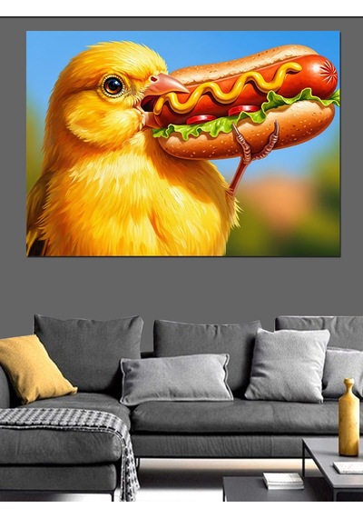 Ahşap Tablo Hot Dog Yiyen Sarı Civciv Figürü