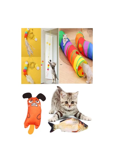 Tineke Oyun Seti Kedi Tünel Elastik Olta Peluş Balık Sazan Peluş Fare Turuncu Kedi Oyuncağı