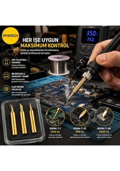 3'lü Profesyonel 900m Serisi Havya Ucu Seti Düz Eğri Ve Kesik Altın Renk Mikro Lehim Ucu