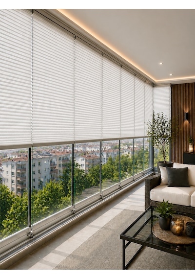 Plise Perde Beyaz Kumaş + Beyaz Profil Kasa Cam Balkon Perdesi