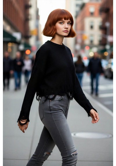 Ersefa Kadın Casual Crop Oversize Bisiklet Yaka Triko Kazak Düşük Kol Ak Siyah