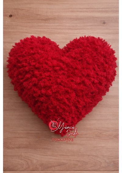 1 Adet Puffy Furlove 56 Kırmızı Elle Örülen Kalpli Yastık Örgü Ipi Kürk Yapılı Puffy