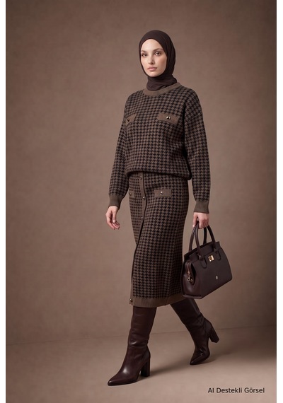 Armine Desenli Düğme Detaylı Triko Etekli İkili Triko Takım Vizon 22kd4214