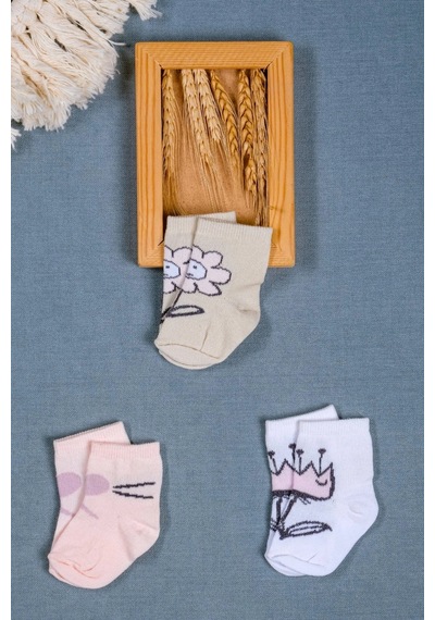 Cocole Socks Kız Bebek Soket Çorabı 3 Lü Set Pamuklu Minimalist & Çiçek Desenli Çok Renkli