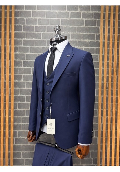 Dupont Classics Erkek Slim Fit 6 Drop Sivri Yaka Yelekli Poliviskon Çift Yırtmaç Takım Elbise Lacivert