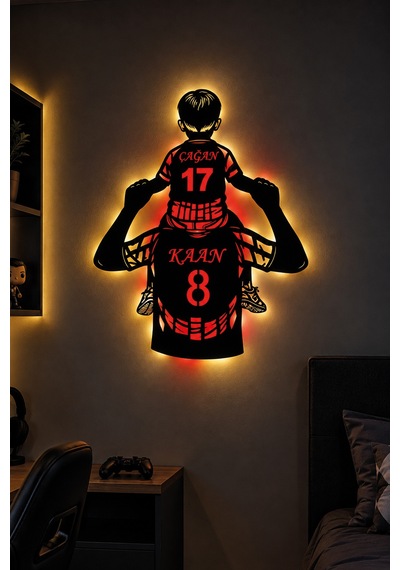 Led Işıklı Kişiye Özel Baba Oğul Futbol Temalı Duvar Dekoru İsim Ve Numara Baskılı Tablo Babalar Günü Hediyesi Kırmızı - 929443128