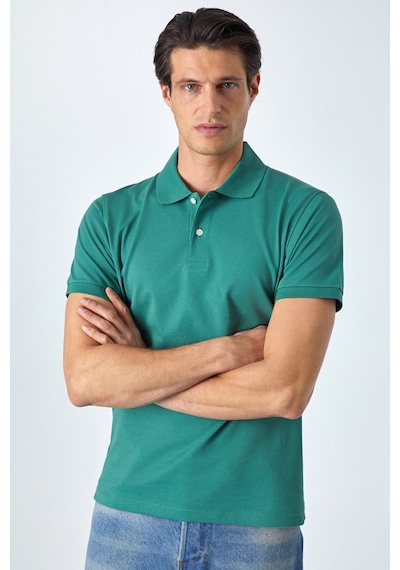 Grimelange MONAGHAN Erkek Polo Yaka Relaxed Fit Patlı Düğmeli Kısa Kollu Yeşil T-Shirt