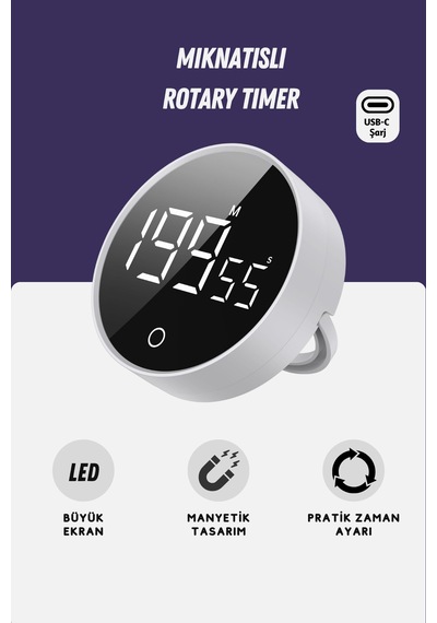 GWORKE Rt-1 Mıknatıslı Zamanlayıcı, Mutfak Kronometresi, Pomodoro, Öğrenci Ders Çalışma Saati - Beyaz