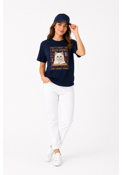 Bayloranzzo The Reader Cat %100 Pamuk Heavy Cotton Premium Kalite Kadın Tişört Lacivert